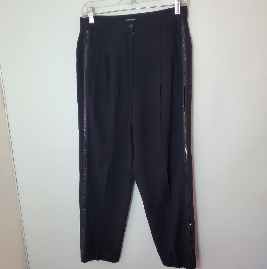 Giorgio Armani High Rise Pleated Sequin Stripe Tuxedo Pants Black 2